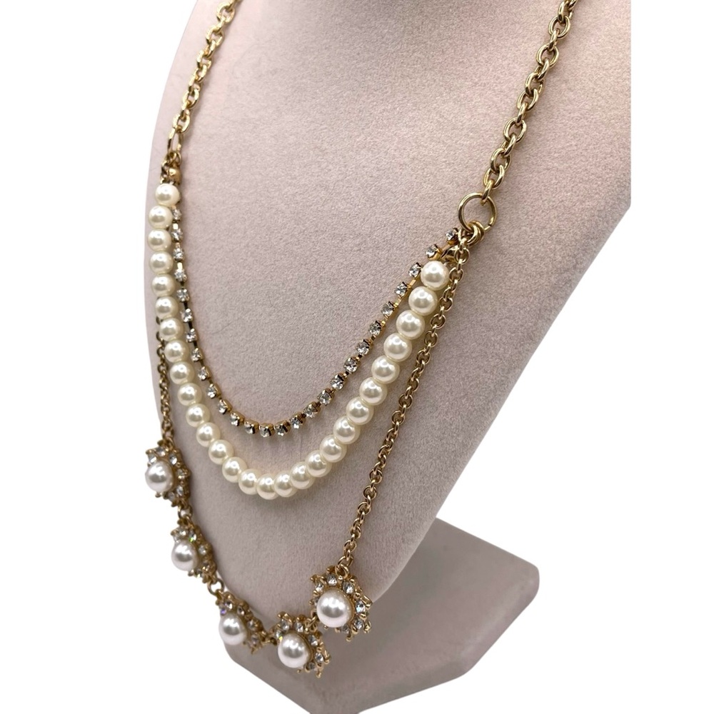 ❤️ Pearl x Rhinestone Triple Layer Gold Tone Necklace - Picture 2 of 5